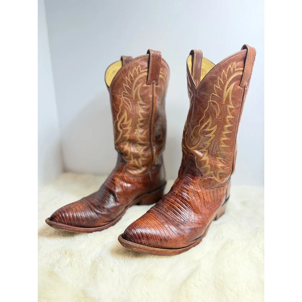 Tony Lama Mens 8.5 EE Lizard Leather Cowboy Boots Brown Exotic Western Vintage